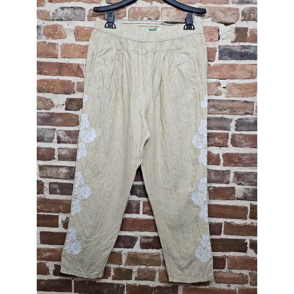 Anthropologie 100% Linen Pants Sz M Yellow Striped Floral Embroidered Pull On